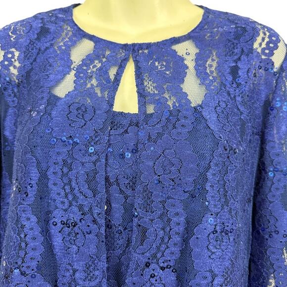 Alex Evenings Blue Lace Sleeveless Dress & Sheer Jacket Set Sequin Party sz 10 - Picture 5 of 16